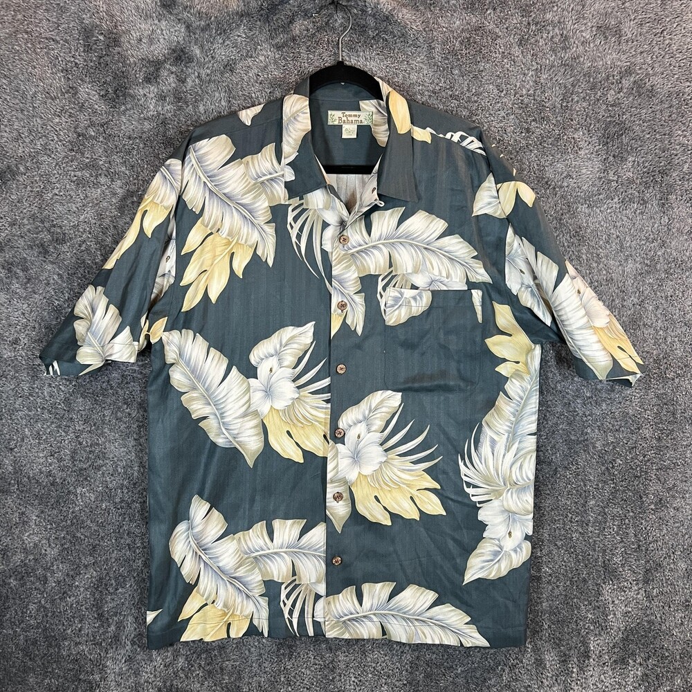 Tommy Bahama Shirt Mens Large Gray Yellow Silk Floral Hawaiian Button Up Camp